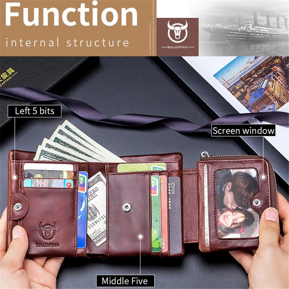 BULLCAPTAIN 02 Top Layer Cowhide Leather Men Tri-fold Wallet Cards Photo Cash Carrying Bag - Coffee - 3