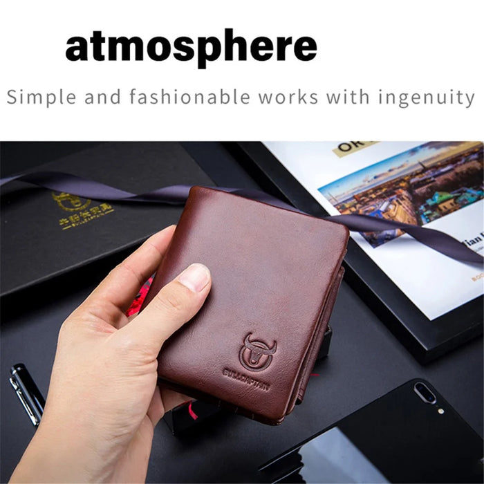 BULLCAPTAIN 02 Top Layer Cowhide Leather Men Tri-fold Wallet Cards Photo Cash Carrying Bag - Coffee - 4