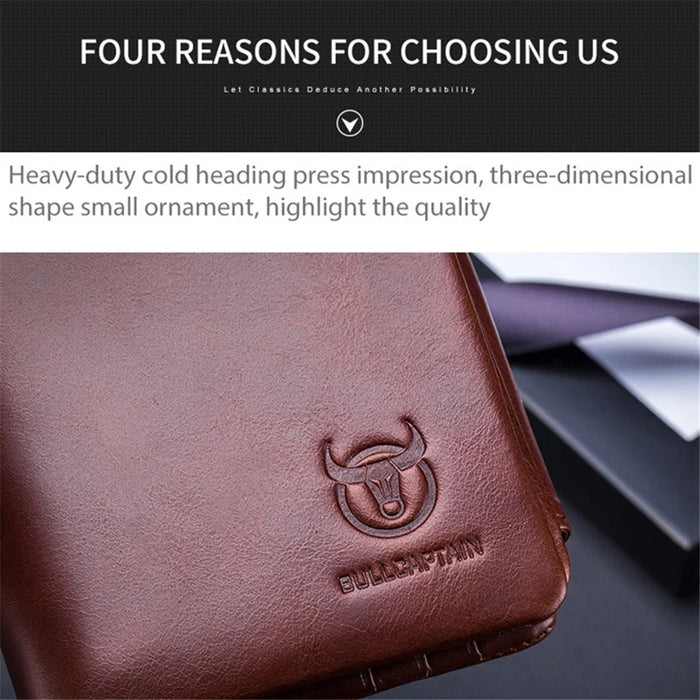 BULLCAPTAIN 02 Top Layer Cowhide Leather Men Tri-fold Wallet Cards Photo Cash Carrying Bag - Coffee - 5