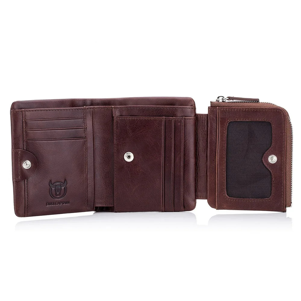 BULLCAPTAIN 02 Top Layer Cowhide Leather Men Tri-fold Wallet Cards Photo Cash Carrying Bag - Coffee - 7