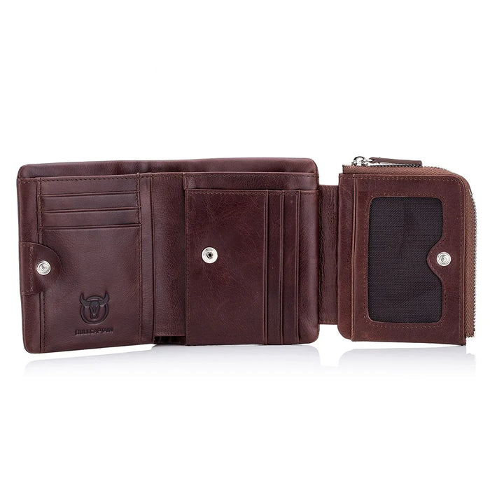 BULLCAPTAIN 02 Top Layer Cowhide Leather Men Tri-fold Wallet Cards Photo Cash Carrying Bag - Coffee - 7