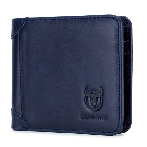 BULLCAPTAIN 031 Business Casual Top Layer Cowhide Men Short Wallet Cards Cash Storage Bag - Blue - 1