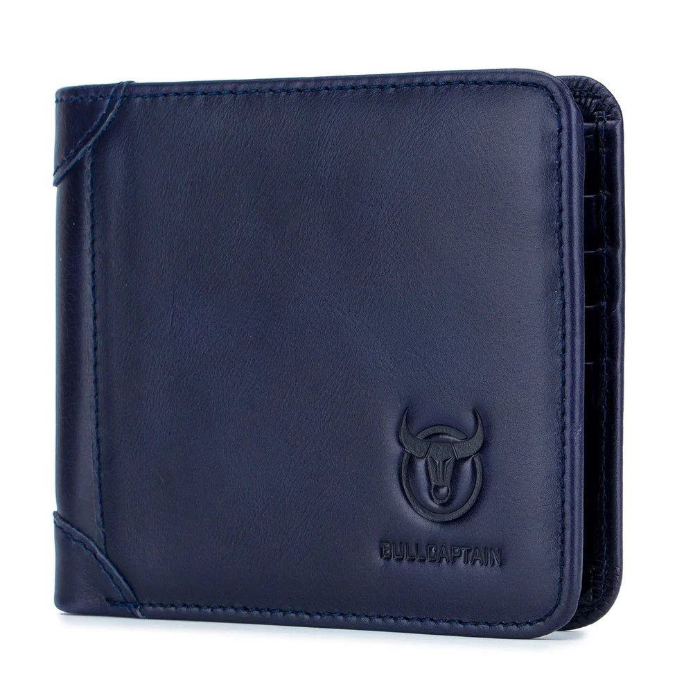 BULLCAPTAIN 031 Business Casual Top Layer Cowhide Men Short Wallet Cards Cash Storage Bag - Blue - 1