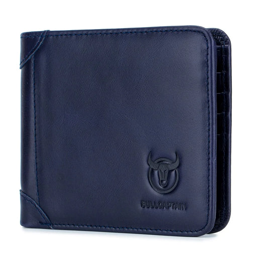 BULLCAPTAIN 031 Business Casual Top Layer Cowhide Men Short Wallet Cards Cash Storage Bag - Blue - 1