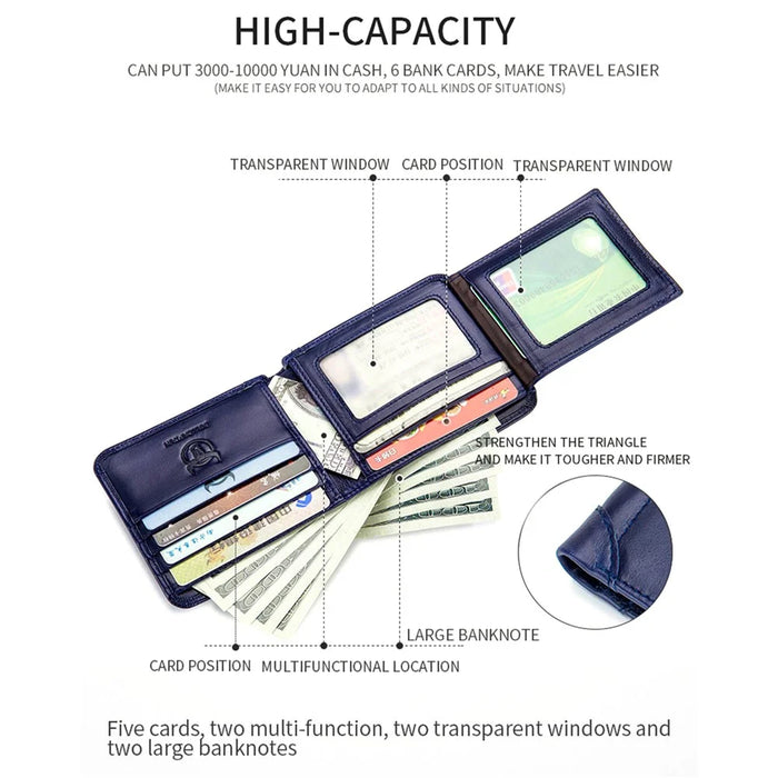 BULLCAPTAIN 031 Business Casual Top Layer Cowhide Men Short Wallet Cards Cash Storage Bag - Blue - 6