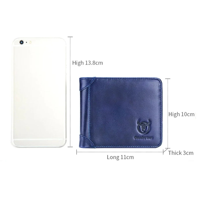 BULLCAPTAIN 031 Business Casual Top Layer Cowhide Men Short Wallet Cards Cash Storage Bag - Blue - 7