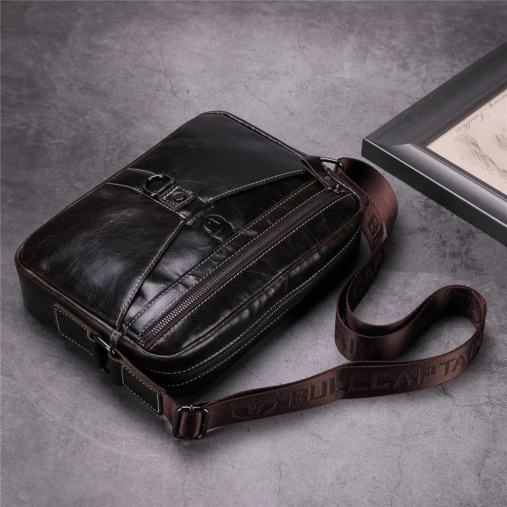 BULLCAPTAIN 0309 Casual Men Messenger Bag Top Layer Cowhide Leather Single Shoulder Crossbody Bag - Dark Brown - 6