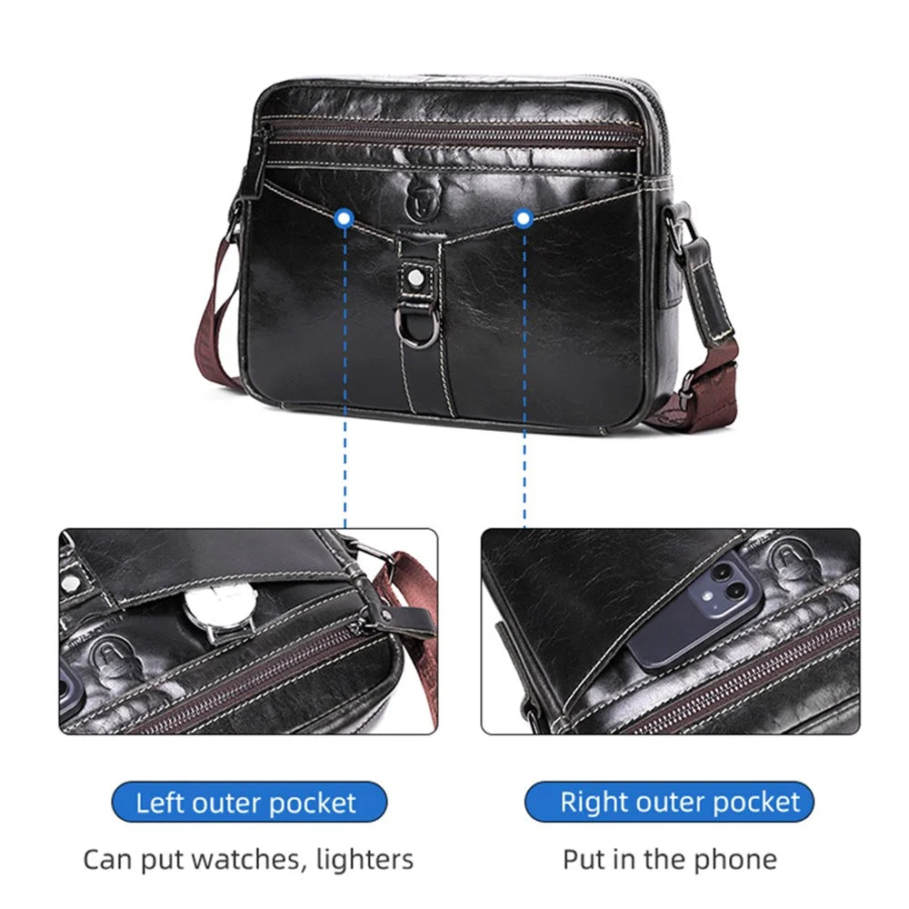 BULLCAPTAIN 0309 Casual Men Messenger Bag Top Layer Cowhide Leather Single Shoulder Crossbody Bag - Dark Brown - 7