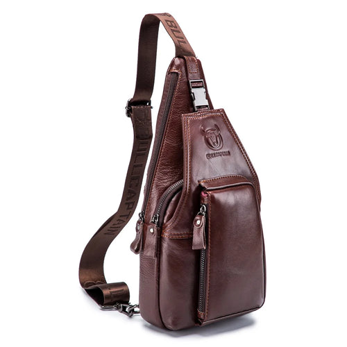 BULLCAPTAIN 086  Top Layer Cowhide Chest Bag Stylish Casual Men Crossbody Single Shoulder Bag - Brown - 1