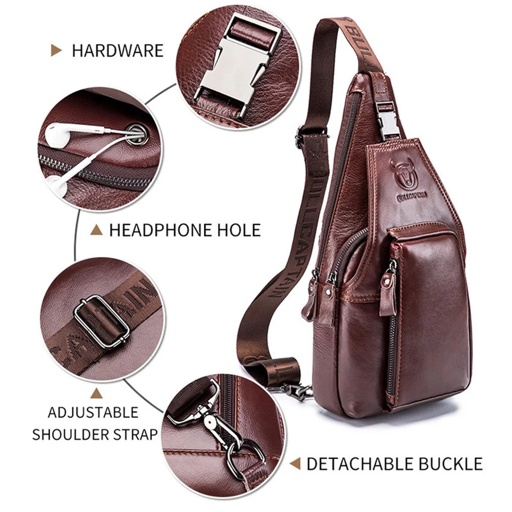 BULLCAPTAIN 086  Top Layer Cowhide Chest Bag Stylish Casual Men Crossbody Single Shoulder Bag - Brown - 3