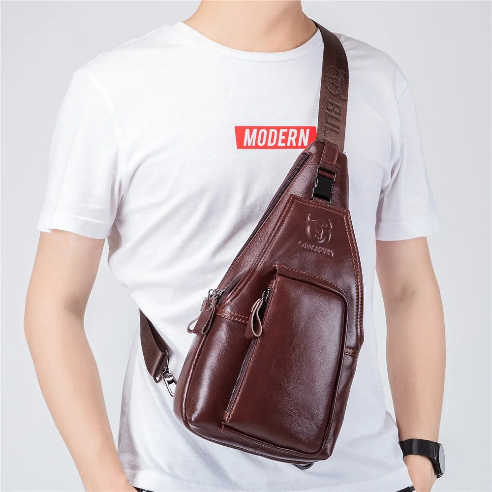 BULLCAPTAIN 086  Top Layer Cowhide Chest Bag Stylish Casual Men Crossbody Single Shoulder Bag - Brown - 6