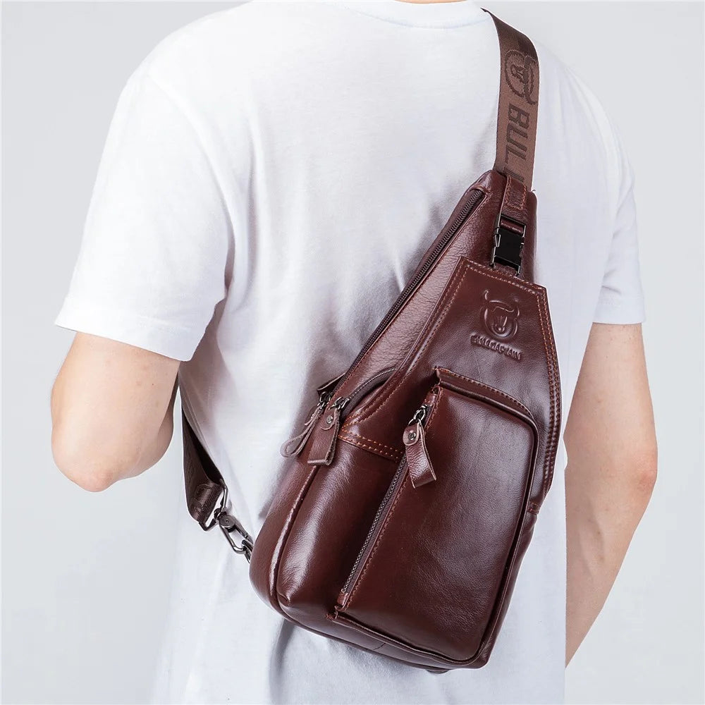 BULLCAPTAIN 086  Top Layer Cowhide Chest Bag Stylish Casual Men Crossbody Single Shoulder Bag - Brown - 7