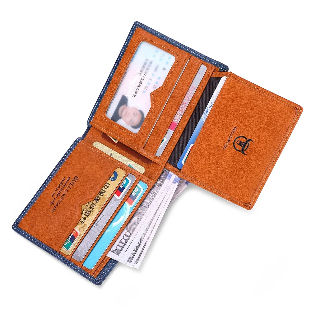 BULLCAPTAIN 032 Top-Layer Cowhide Leather Large Wallet Coin Card Storage Bag with Gift Box Package - Blue - 2