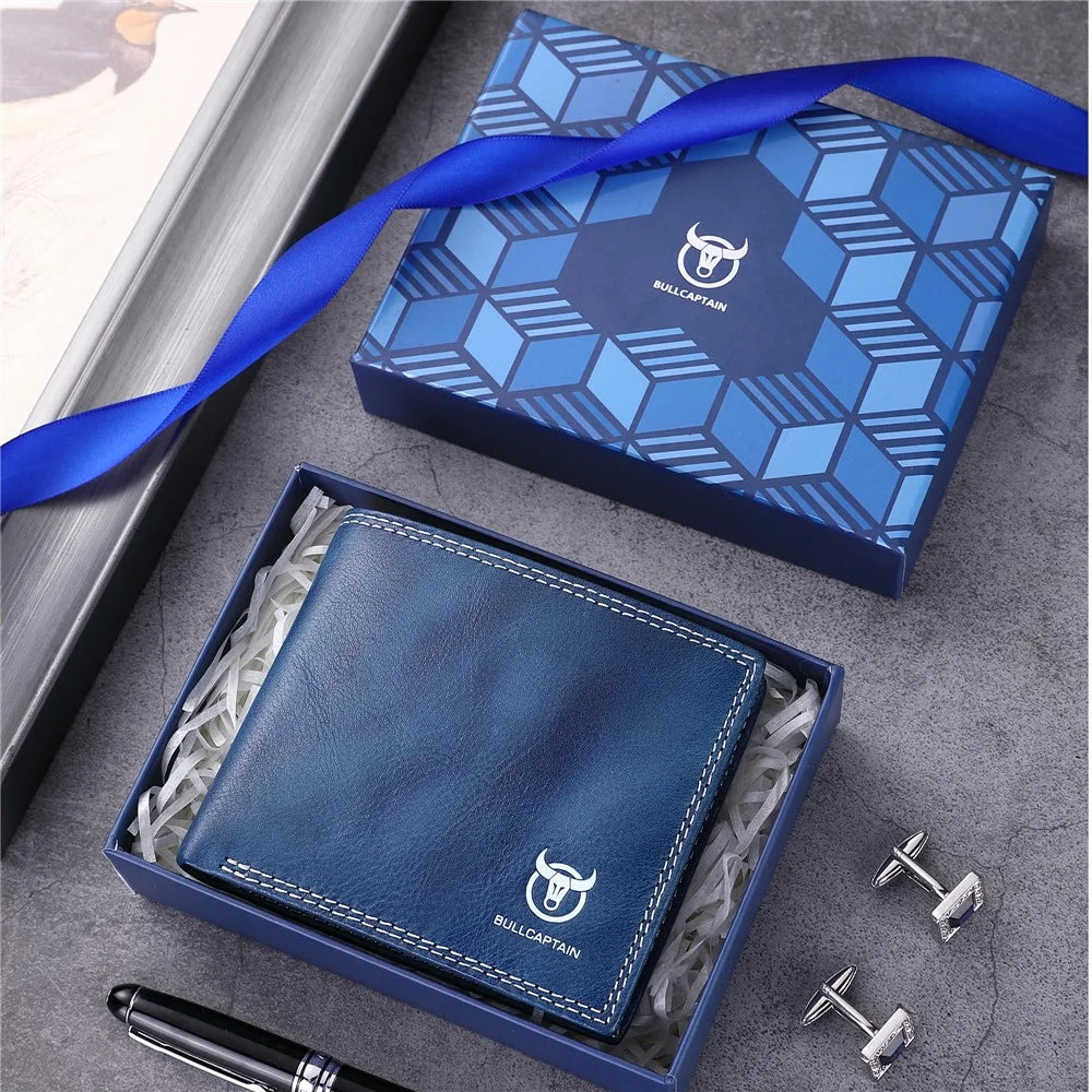 BULLCAPTAIN 032 Top-Layer Cowhide Leather Large Wallet Coin Card Storage Bag with Gift Box Package - Blue - 6