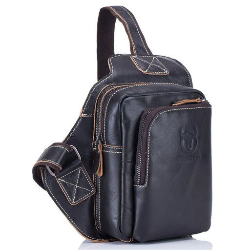 BULLCAPTAIN 2101-xb013 Top-layer Cowhide Leather Chest Bag Crossbody Bat-shape Sling Bag for Hiking, Cycling, Travel, Work - Black - 1