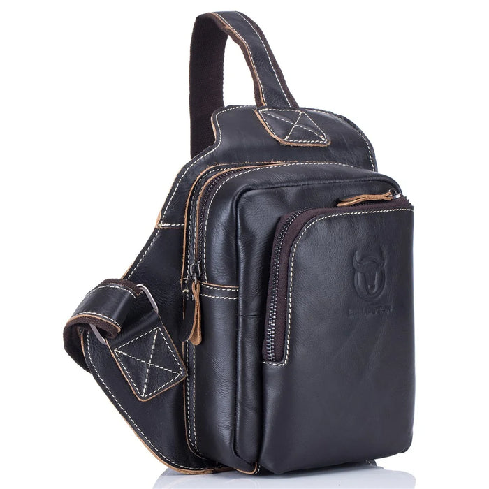BULLCAPTAIN 2101-xb013 Top-layer Cowhide Leather Chest Bag Crossbody Bat-shape Sling Bag for Hiking, Cycling, Travel, Work - Black - 1