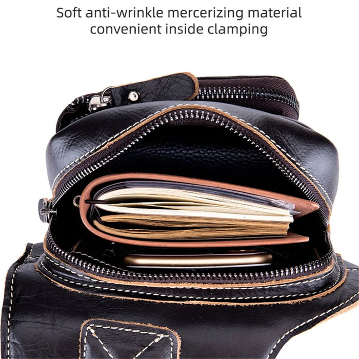 BULLCAPTAIN 2101-xb013 Top-layer Cowhide Leather Chest Bag Crossbody Bat-shape Sling Bag for Hiking, Cycling, Travel, Work - Black - 2