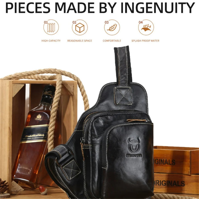 BULLCAPTAIN 2101-xb013 Top-layer Cowhide Leather Chest Bag Crossbody Bat-shape Sling Bag for Hiking, Cycling, Travel, Work - Black - 3