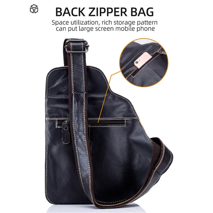 BULLCAPTAIN 2101-xb013 Top-layer Cowhide Leather Chest Bag Crossbody Bat-shape Sling Bag for Hiking, Cycling, Travel, Work - Black - 4