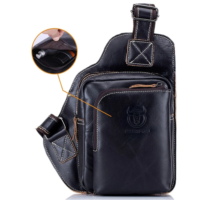 BULLCAPTAIN 2101-xb013 Top-layer Cowhide Leather Chest Bag Crossbody Bat-shape Sling Bag for Hiking, Cycling, Travel, Work - Black - 6