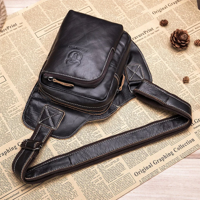 BULLCAPTAIN 2101-xb013 Top-layer Cowhide Leather Chest Bag Crossbody Bat-shape Sling Bag for Hiking, Cycling, Travel, Work - Black - 7
