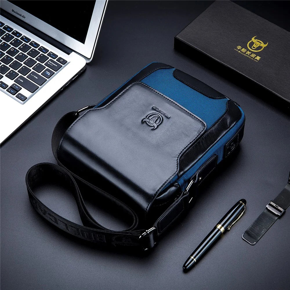 BULLCAPTAIN 999 Cowhide Leather Messenger Bag Zipped Pockets Crossbody Purse Bag for Work Business Travel - Black - 7