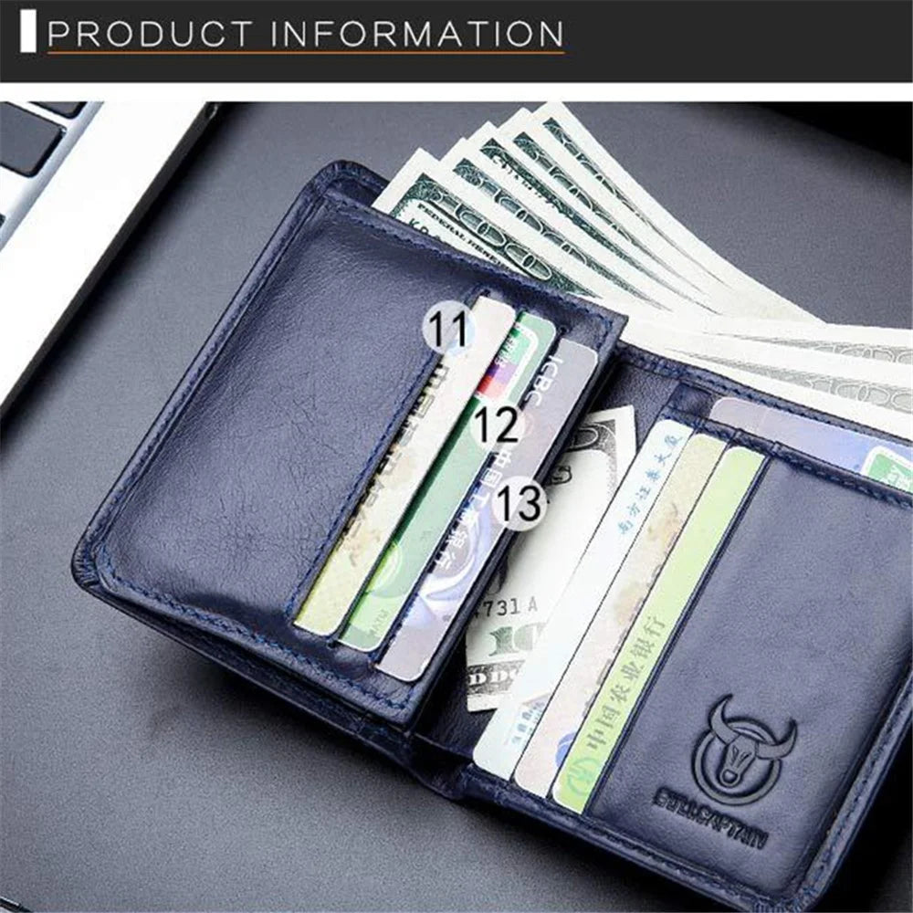 BULLCAPTAIN 031 Multifunction RFID Blocking Wallet Top-Layer Cowhide Leather Card Carrying Pouch Coin Bag - Blue - 3