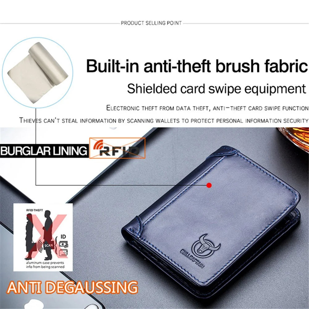 BULLCAPTAIN 031 Multifunction RFID Blocking Wallet Top-Layer Cowhide Leather Card Carrying Pouch Coin Bag - Blue - 4