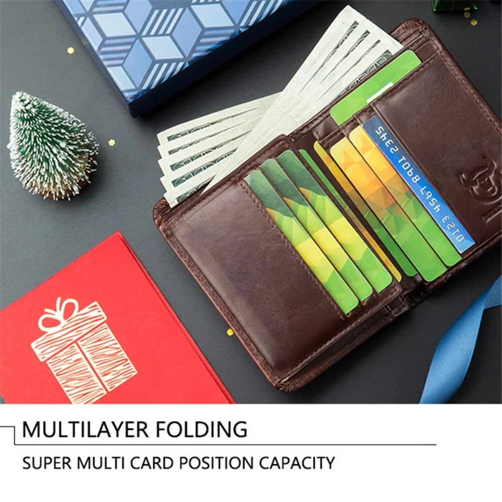 BULLCAPTAIN 031 Multifunction RFID Blocking Wallet Top-Layer Cowhide Leather Card Carrying Pouch Coin Bag - Blue - 7