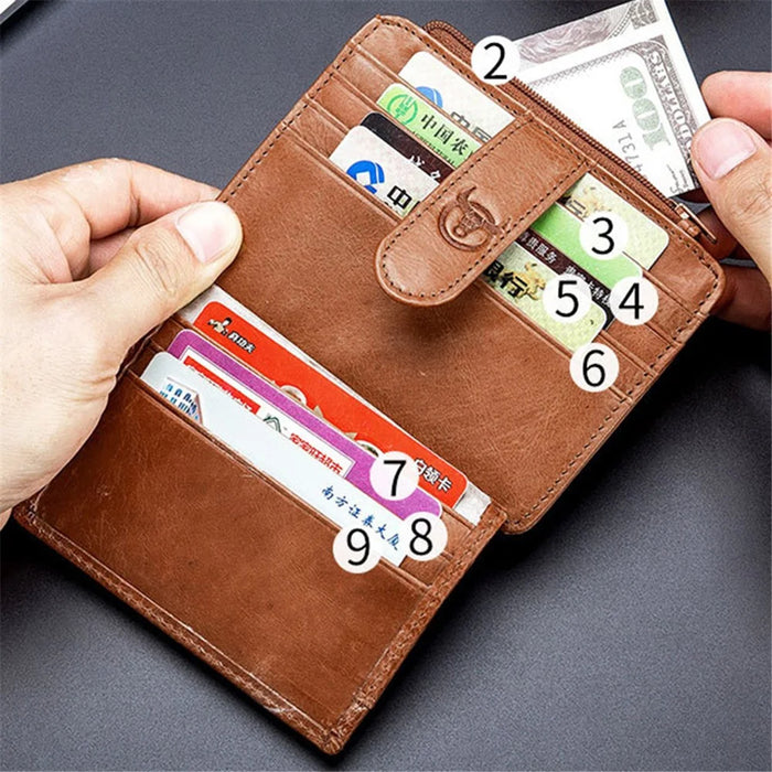 BULLCAPTAIN 00 Top Layer Cowhide Men RFID Blocking ID Credit Card Bag with Zipper Pocket - Yellow - 4
