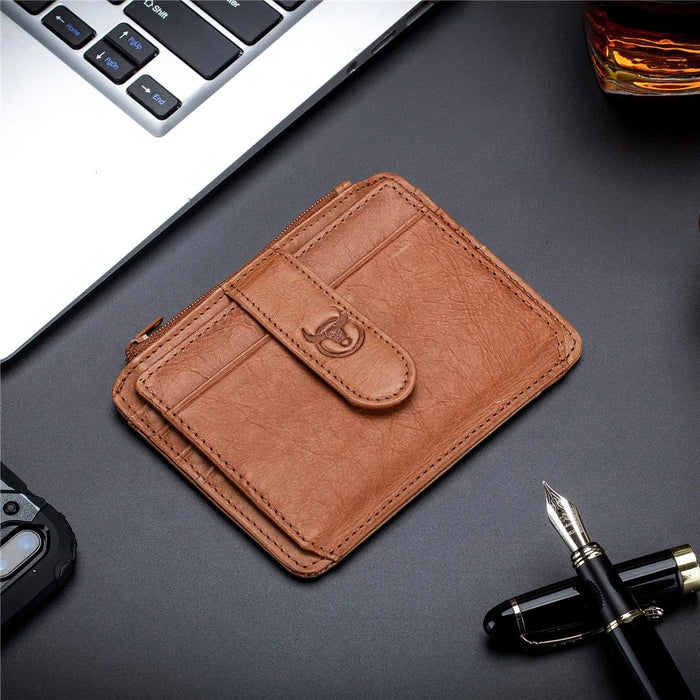 BULLCAPTAIN 00 Top Layer Cowhide Men RFID Blocking ID Credit Card Bag with Zipper Pocket - Yellow - 6