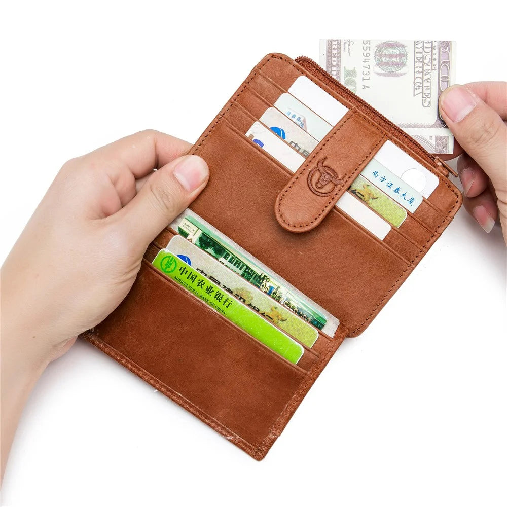 BULLCAPTAIN 00 Top Layer Cowhide Men RFID Blocking ID Credit Card Bag with Zipper Pocket - Yellow - 7
