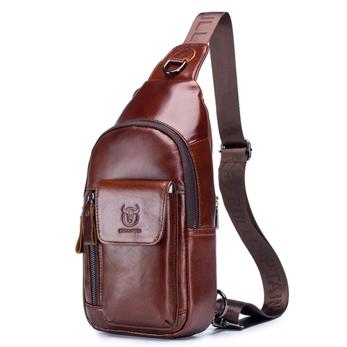 BULLCAPTAIN 121 Retro Style Chest Bag Top-Layer Cowhide Leather Crossbody Sling Bag for Travel, Hiking, Business Trip - Coffee - 1