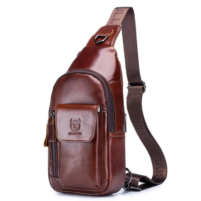 BULLCAPTAIN 121 Retro Style Chest Bag Top-Layer Cowhide Leather Crossbody Sling Bag for Travel, Hiking, Business Trip - Coffee - 1