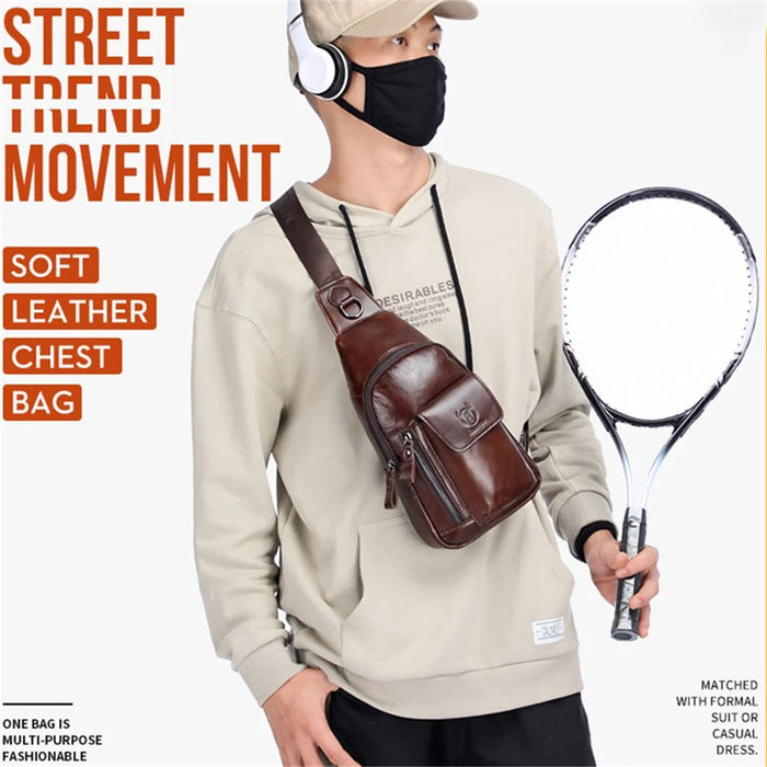 BULLCAPTAIN 121 Retro Style Chest Bag Top-Layer Cowhide Leather Crossbody Sling Bag for Travel, Hiking, Business Trip - Coffee - 2