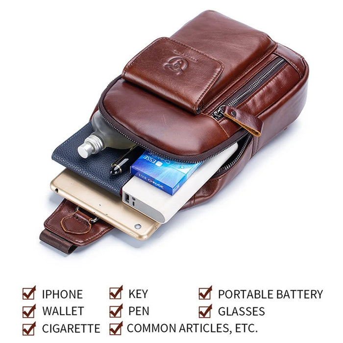 BULLCAPTAIN 121 Retro Style Chest Bag Top-Layer Cowhide Leather Crossbody Sling Bag for Travel, Hiking, Business Trip - Coffee - 3