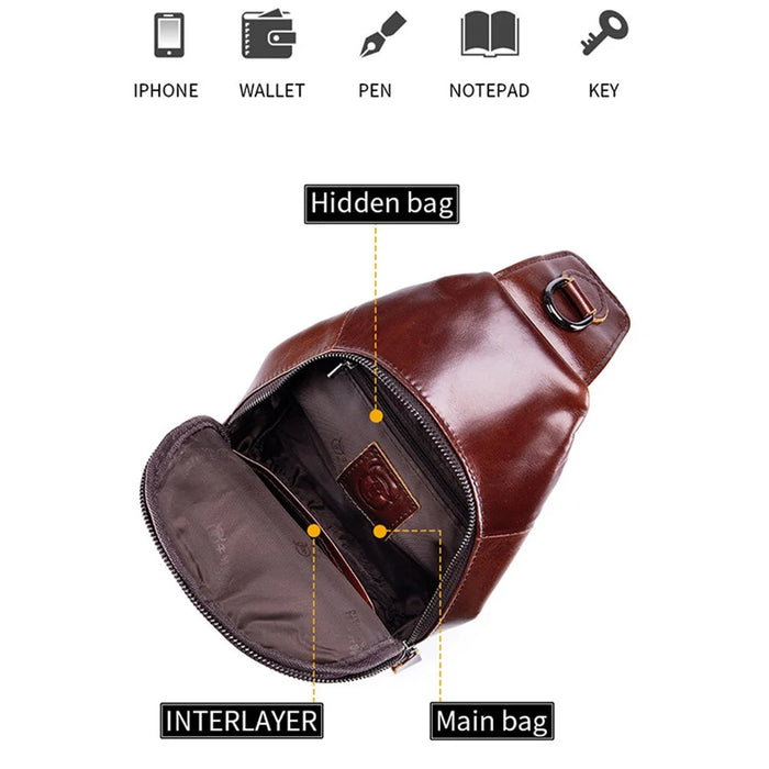 BULLCAPTAIN 121 Retro Style Chest Bag Top-Layer Cowhide Leather Crossbody Sling Bag for Travel, Hiking, Business Trip - Coffee - 4