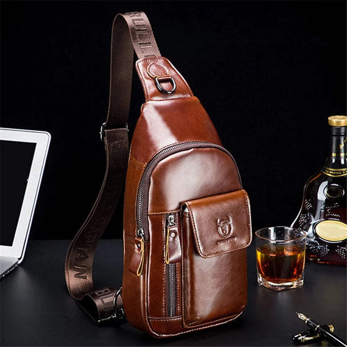 BULLCAPTAIN 121 Retro Style Chest Bag Top-Layer Cowhide Leather Crossbody Sling Bag for Travel, Hiking, Business Trip - Coffee - 5