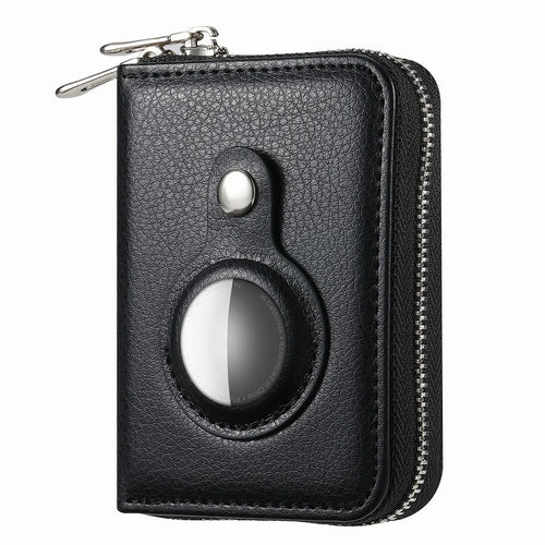 RFID Blocking Card Holder PU Leather Zipper Wallet with Built-in Case for Apple AirTag - Litchi Texture / Black - 1