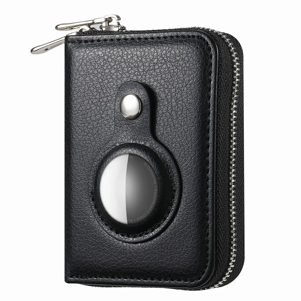 RFID Blocking Card Holder PU Leather Zipper Wallet with Built-in Case for Apple AirTag - Litchi Texture / Black - 1