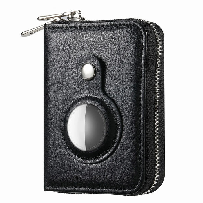 RFID Blocking Card Holder PU Leather Zipper Wallet with Built-in Case for Apple AirTag - Litchi Texture / Black - 1