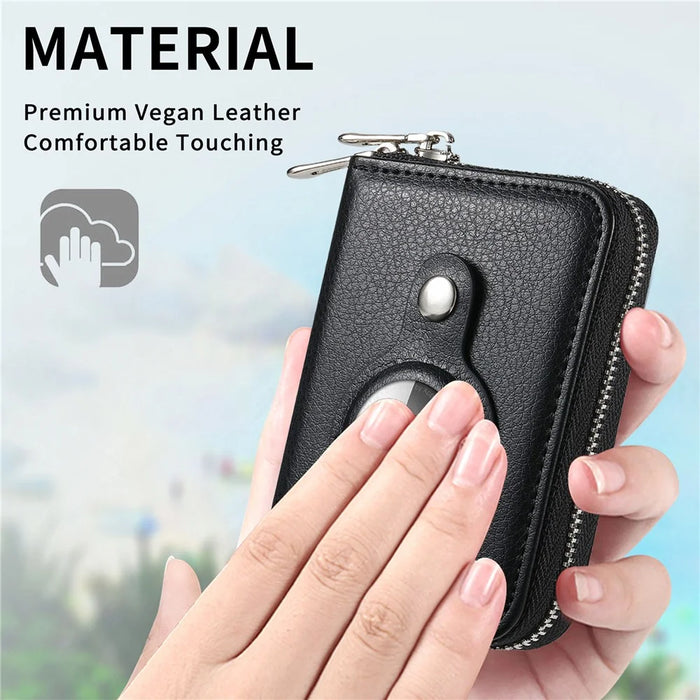 RFID Blocking Card Holder PU Leather Zipper Wallet with Built-in Case for Apple AirTag - Litchi Texture / Black - 3