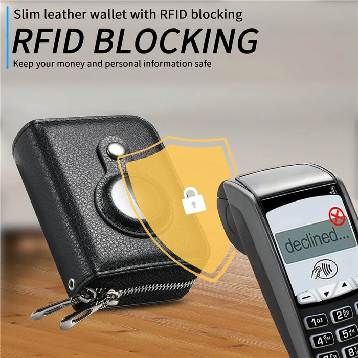 RFID Blocking Card Holder PU Leather Zipper Wallet with Built-in Case for Apple AirTag - Litchi Texture / Black - 5