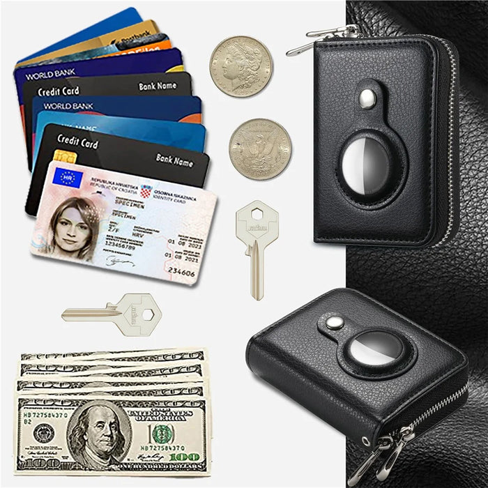 RFID Blocking Card Holder PU Leather Zipper Wallet with Built-in Case for Apple AirTag - Litchi Texture / Black - 6