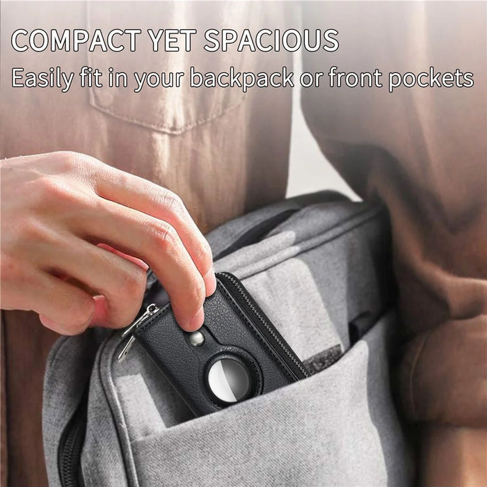 RFID Blocking Card Holder PU Leather Zipper Wallet with Built-in Case for Apple AirTag - Litchi Texture / Black - 7