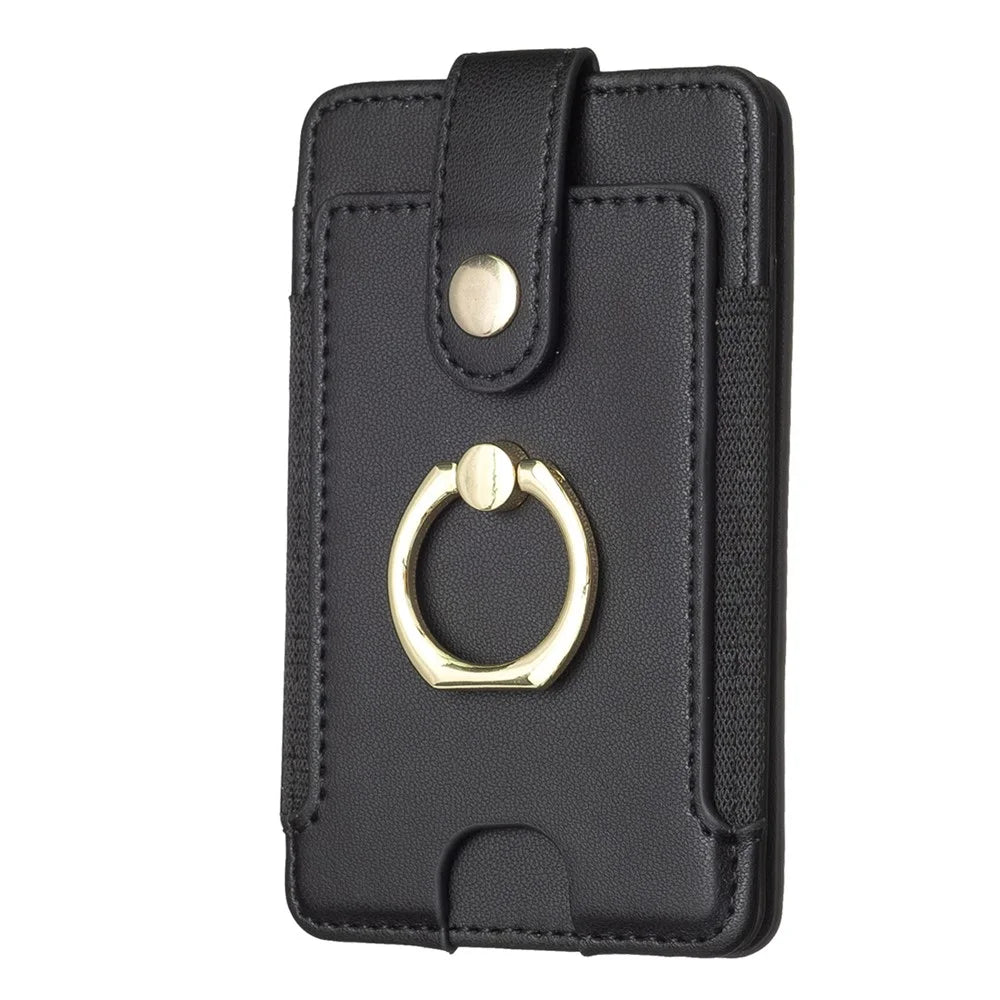 BFK03 Self-adhesive Phone Back Card Holder PU Leather Card Bag with Finger Ring Holder - Black - 1