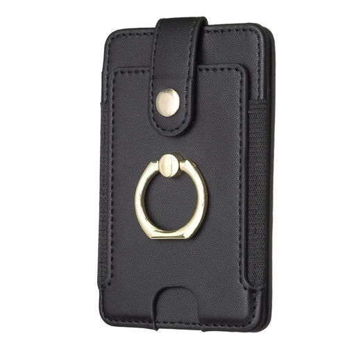 BFK03 Self-adhesive Phone Back Card Holder PU Leather Card Bag with Finger Ring Holder - Black - 1
