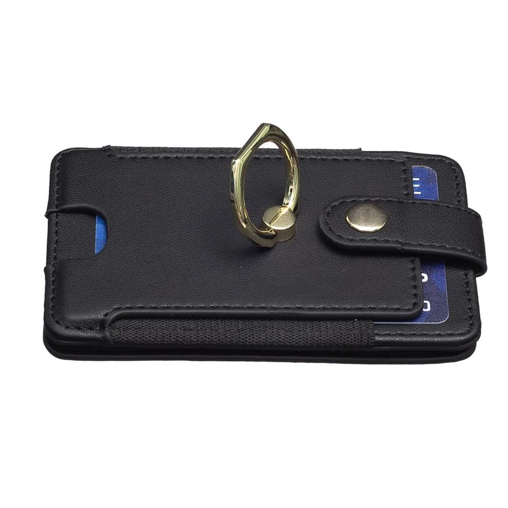 BFK03 Self-adhesive Phone Back Card Holder PU Leather Card Bag with Finger Ring Holder - Black - 3