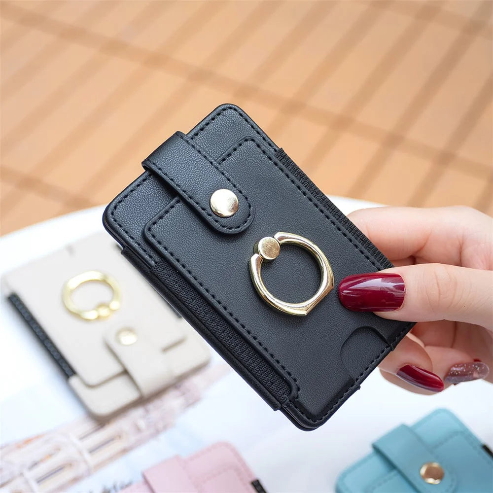BFK03 Self-adhesive Phone Back Card Holder PU Leather Card Bag with Finger Ring Holder - Black - 5