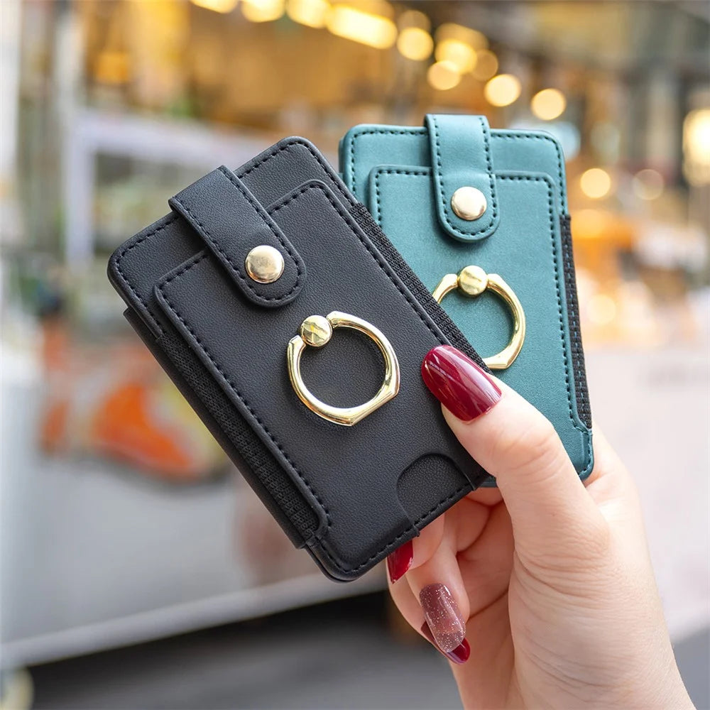 BFK03 Self-adhesive Phone Back Card Holder PU Leather Card Bag with Finger Ring Holder - Black - 6